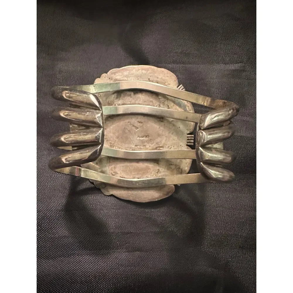 VINTAGE 70's 80's HUGE HEAVY SIGNED NAVAJO CARVED STERLING TURQUOISE CUFF UNISEX